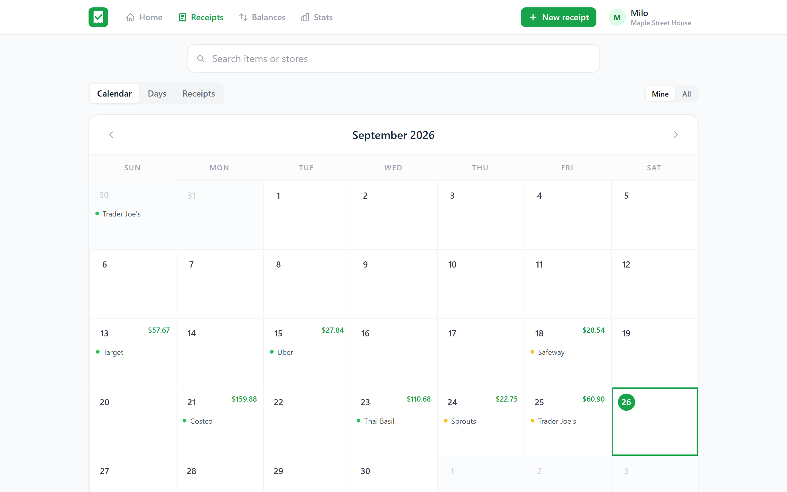 The Receipts page: a calendar of September with each day's receipts and totals