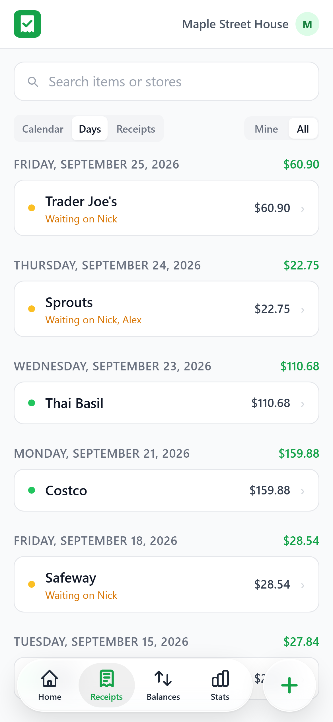 Receipts listed by day, with who still needs to check in