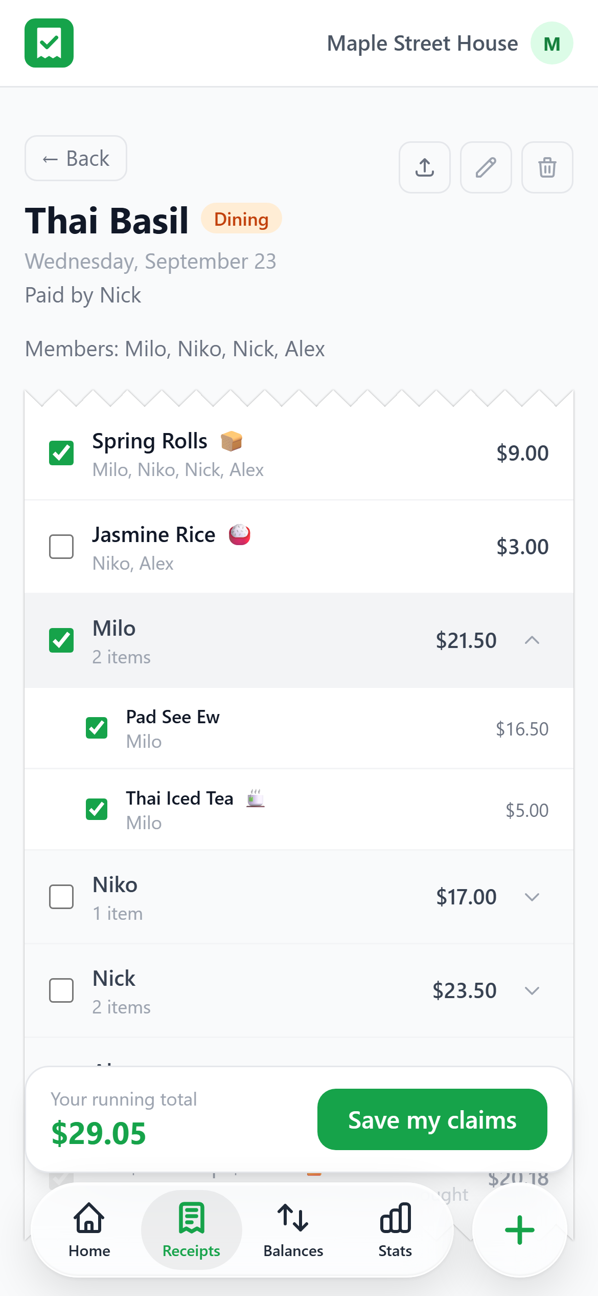 A restaurant receipt grouped into one meal per person