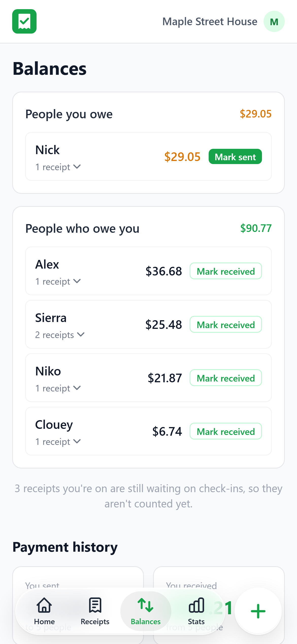 Balances: who you owe, who owes you, and payment history