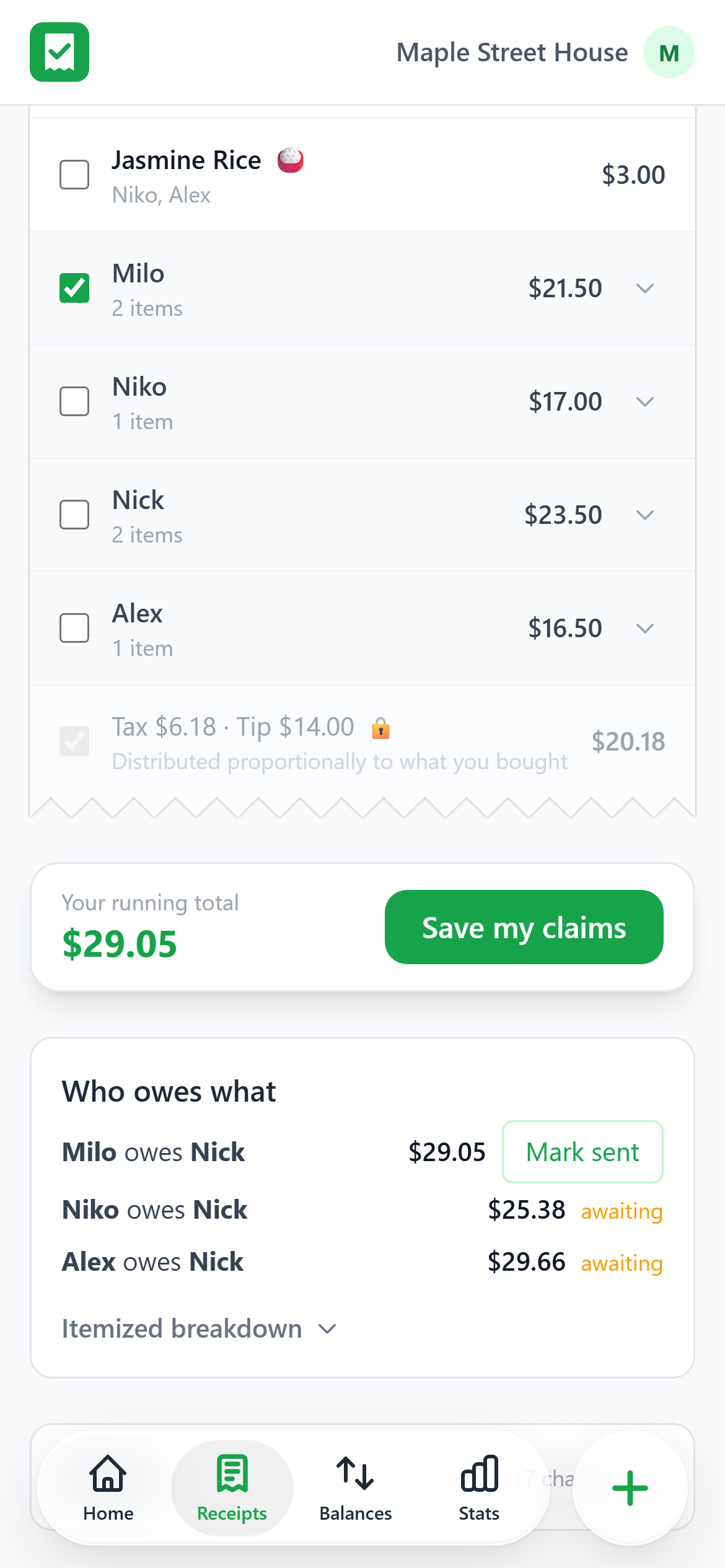 Who owes what on a Costco receipt, with an itemized breakdown