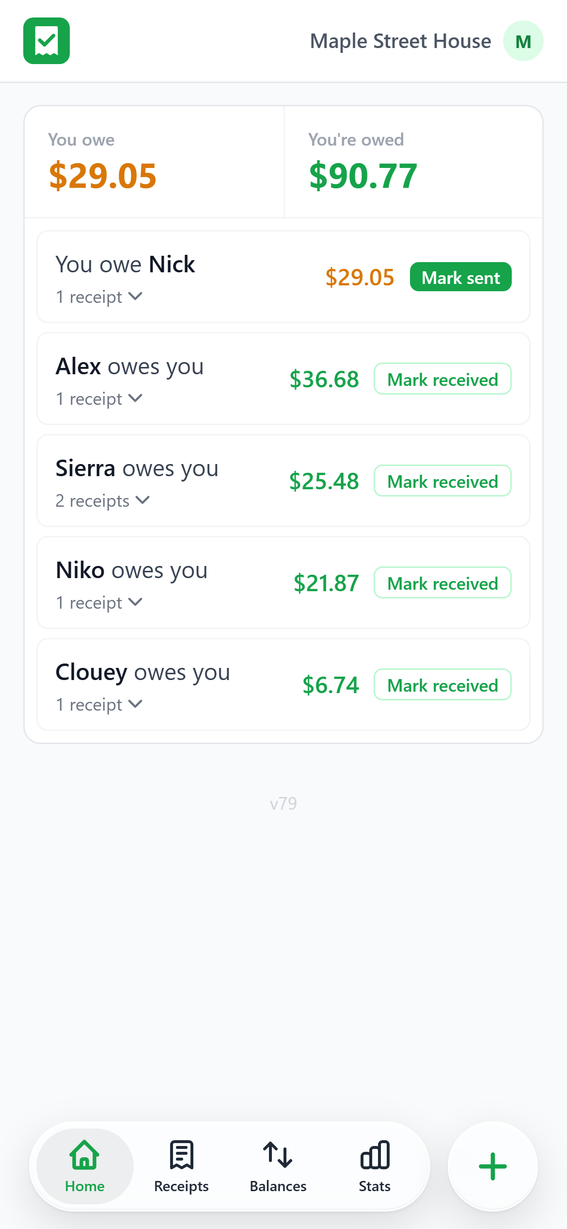 Home: a receipt to check off and a balance summary